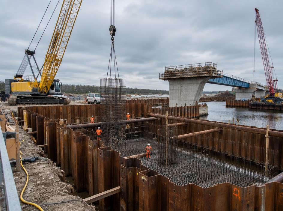 Obra de infraestrutura com armaduras e contenção metálica